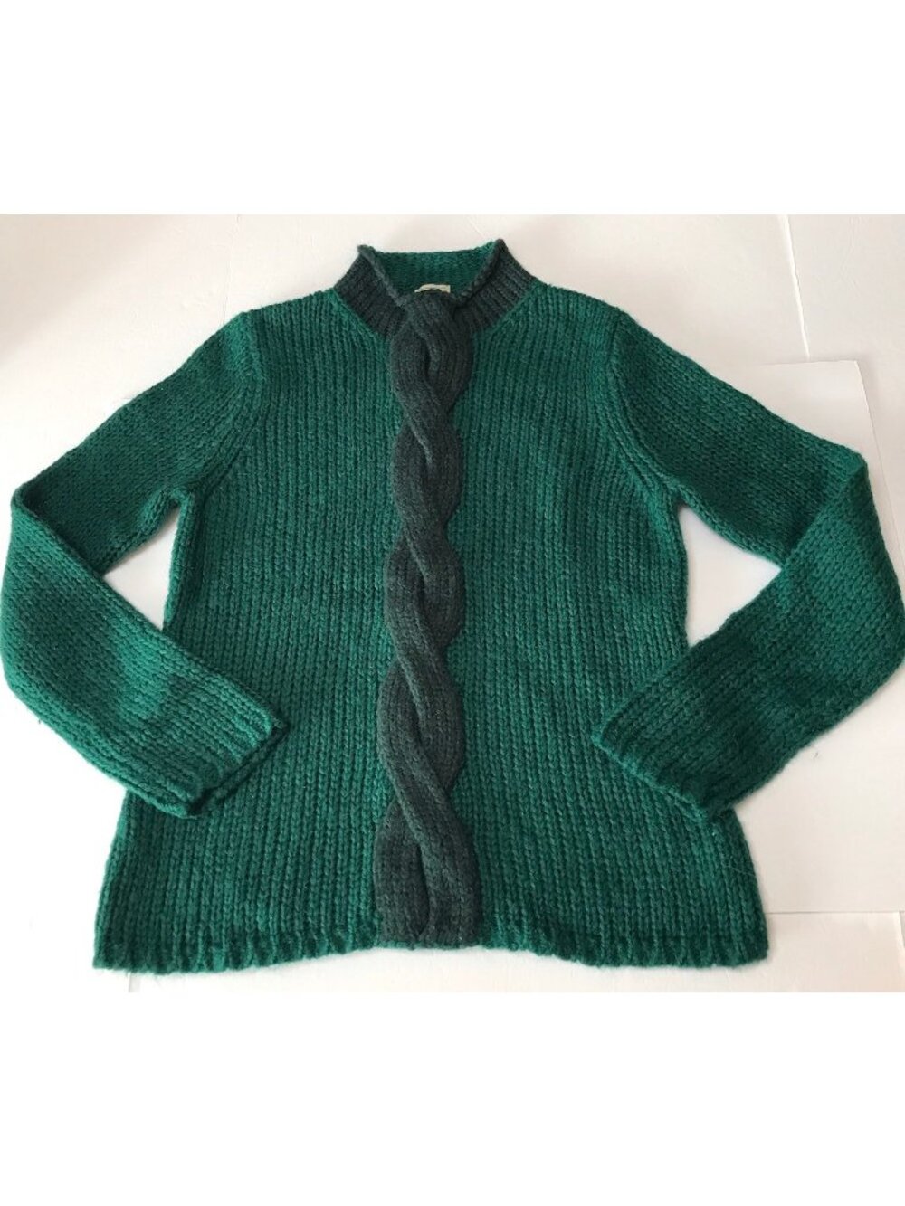 LL Bean Sweater Womens Large Mohair Wool Green Holiday Cableknit Rolled Neck